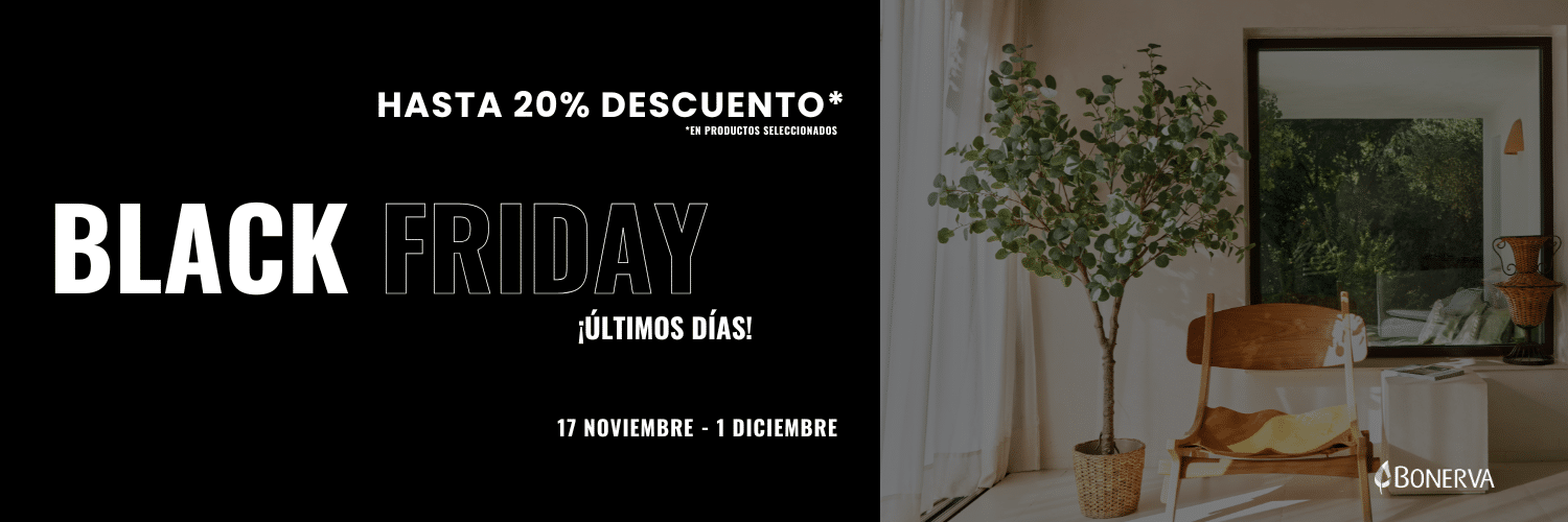 Promoción Black Friday: hasta 20% de descuento en productos destacados. Texto a la izquierda en fondo negro; a la derecha, una sala iluminada, silla de madera, cojín amarillo, planta y ventana grande. Fechas: 17 noviembre - 1 diciembre.