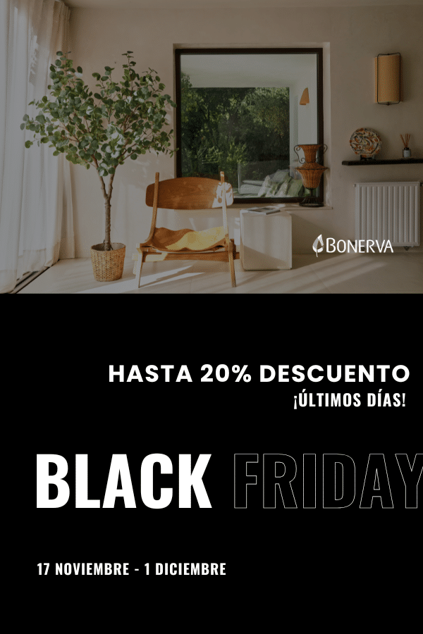 Sala de estar moderna con una silla de madera de bonerva, una planta en maceta y una gran ventana sobre un banco. En la sección negra de abajo se lee: Hasta 20% descuento, últimos días, Black Friday, 17 noviembre - 1 diciembre.